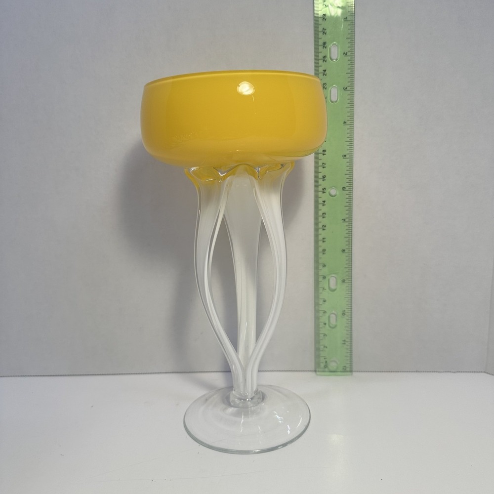 VTG Yellow Jozefina Krosno Jellyfish Bowl Rare Art Glass Art Nouveau Handmade